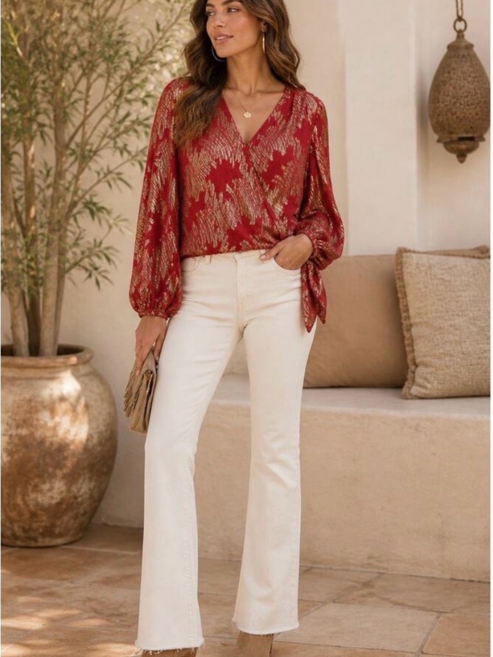 Ciebon Rust Metallic Pattern V-Neck Blouse